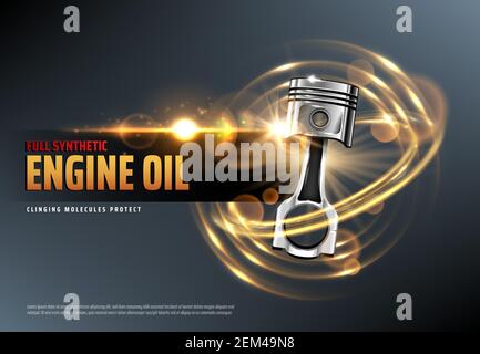 Car motor oil or auto engine synthetic lubricant 3d vector advertising banner with vehicle piston, sparkles and lens flares. Motor oil change station, Stock Vector