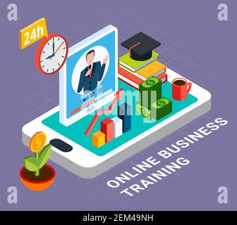 Webinar multicolored and isometric composition with online business training headline and isolated elements vector illustration Stock Vector