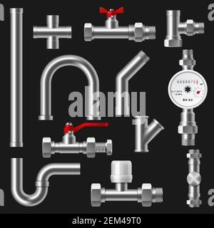 Plumbing pipes, pipeline parts of water supply and drain system 3d vector design of construction industry. Realistic metal tubes, valves and faucets, Stock Vector