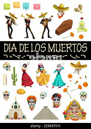 Day of Dead Mexican holiday symbols and Dia de los Muertos party icons. Vector Dia de los Muertos fiesta skeletons in sombreros, dancing calavera skul Stock Vector