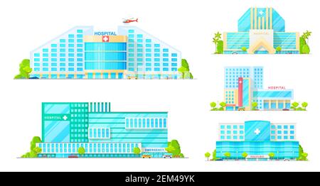 Hospital buildings, emergency and ambulance clinic, modern city architecture icons. Vector hospital buildings and infrastructure, ambulance cars and h Stock Vector