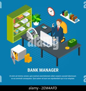 Banking manager at work in office isometric composition on blue background vector illustration Stock Vector