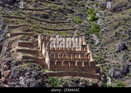 Pinkuylluna Inca storehouses near Ollantaytambo in the Sacred Valley of the Incas, Urubamba Province in Peru, South America. Stock Photo