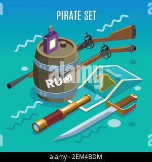 Pirate set including weapons, treasure map, spyglass, bottle and barrel rum game background isometric vector illustration Stock Vector