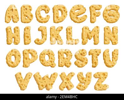 Cheese alphabet font of 3d vector letters with texture of yellow milk food. Swiss, cheddar and holland typeface, maasdam, edam and parmesan dairy snac Stock Vector