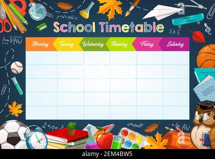 School timetable, weekly classes schedule in cartoon style. Vector ...