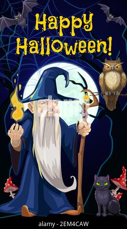 Happy Halloween holiday celebration poster, evil wizard sorcerer man with magic stick cane and candle light in haunted forest. Vector Halloween spooky Stock Vector