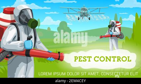 Agricultural pest control vector design. Exterminators and crop duster airplane spraying pesticides and herbicides over farm fields and garden trees w Stock Vector