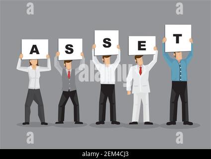 Illustration of business man and woman holding white board cards showing Asset. Full length on grey background. Portray a concept of teamwork. Stock Vector