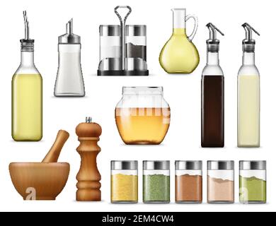 Salt and paper containers, glass jars with herb spices, vinegar pack isolated. Vector glass bottle of honey, seasoning racks and cooking oil. Sugar di Stock Vector