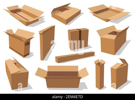 Carton boxes, delivery and transportation packages isolated mockups. Vector cardboard packs, rectangular and square brown box mockups. Open and closed Stock Vector