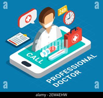 Calling professional doctor for consultation medical aid service concept on blue background 3d isometric vector illustration Stock Vector