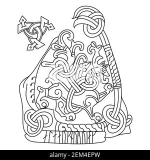 Viking Scandinavian design. Ancient decorative mythical animal in Celtic, Scandinavian style, knot-work illustration Stock Vector