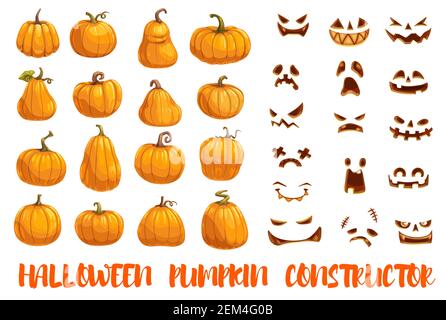 Constructor of Halloween pumpkins with emotional faces. Jacklantern parts, autumn holiday symbol or lantern made of vegetable. Sad and angry, cunning Stock Vector