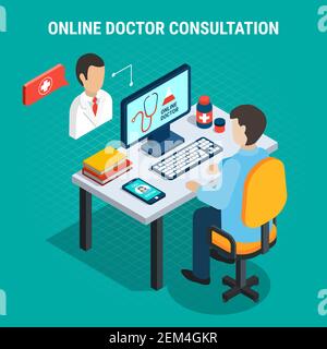 Online doctor medical consultation concept on blue background 3d isometric vector illustration Stock Vector