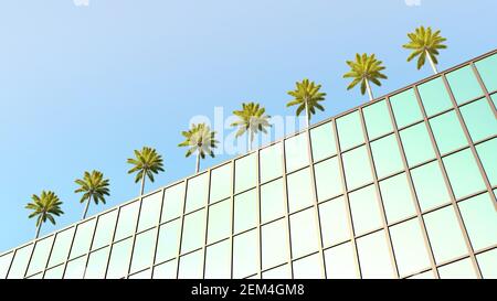 bottom view of the wall of building with palm trees on the roof. 3d rendering Stock Photo