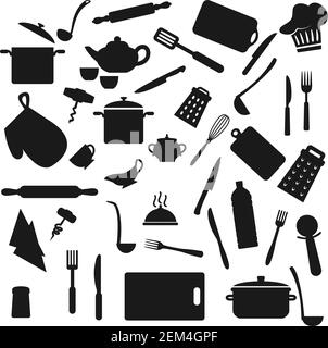Kitchen utensil, kitchenware black silhouettes, household cooking appliances. Vector home cook utensils and cookware saucepan, ladle, cup, fork and kn Stock Vector