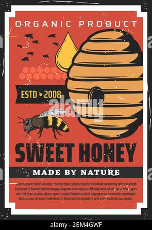 Apiary, beekeeping retro poster with wild bees flying at hive. Natural farm production made by nature, honey drop fall at beehive, vector organic apic Stock Vector