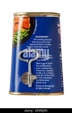 Environment information on tin of Princes Corned Beef made with 100% beef isolated on white background Stock Photo