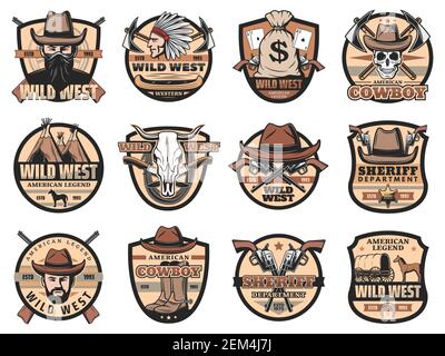 Wild West vintage vector icons set. Cowboy, sheriff and skull, American western hat, guns and ranger star badge, horse, vintage wagon, Indian chief, r Stock Vector