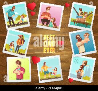 Dad day composition on wooden background with hearts text and polaroid photographs of father and son vector illustration Stock Vector