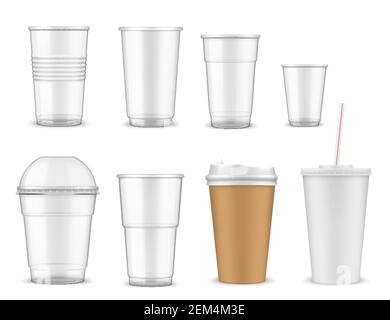 Cup vector mockups with 3d plastic and paper mugs of hot coffee drinks and cold juice beverages. Empty disposable containers of takeaway tea, milk and Stock Vector