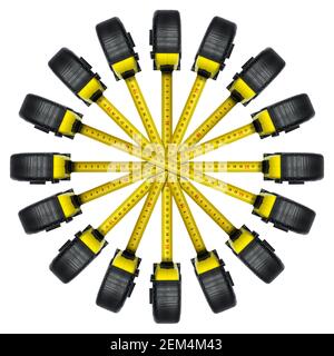 Large group of black and yellow Tape Measures arranged radially and isolated on white background. Photography. Stock Photo