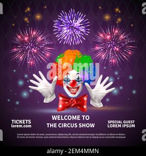 Fireworks composition with circus show announcement editable text and images of clown face hands and cracker vector illustration Stock Vector