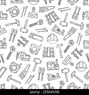 Tool pattern, construction hardware and repair instruments. Vector seamless background of renovation and building tools, hammer, paintbrush, ruler and Stock Vector