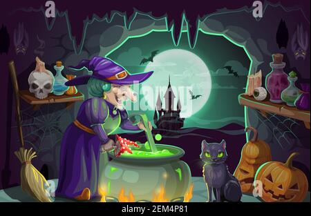 Halloween witch preparing potion in cauldron. Cartoon old woman sorceress in purple hat, pumpkins, bats and broomstick, black cat, magic poison and sk Stock Vector