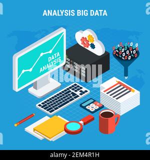 Big data analysis isometric design concept with computer with cloud settings server and accessories of user workplace vector illustration Stock Vector