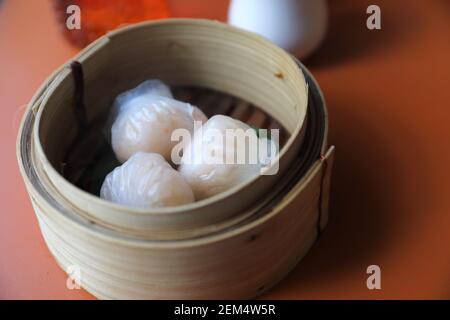 Dim sum on wood basket , Chinese food Stock Photo