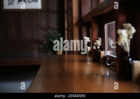 Japanese wooden cafe with chair bar and table Stock Photo
