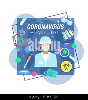 Coronavirus medical test and analysis. Doctor in ptrotective mask, safety glasses, viruses and pipette, test tubes and flasks. Danger biohazard vector Stock Vector