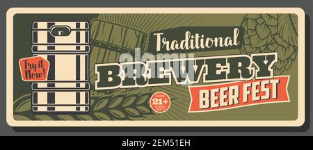 Oktoberfest festival, German craft beer brewery pub and bar vintage retro banner. Vector German traditional Oktoberfest brew house beer in wooden barr Stock Vector