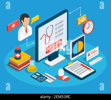 Online doctor consultation service and different medical objects isometric concept 3d vector illustration Stock Vector