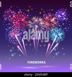 Fireworks composition with colourful images of shiny firework spots of different shape on gradient background vector illustration Stock Vector