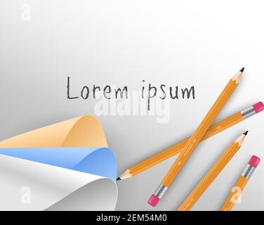 Vector realistic pencils, sharpener, shavings on notebook paper with colored sketch creative education, science, school doodles symbols. Concept of Stock Vector