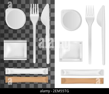 Realistic disposable tableware, salt, sugar and napkins packages set isolated 3d vector mockup. Empty white plate or cup, knife and fork. Disposable p Stock Vector