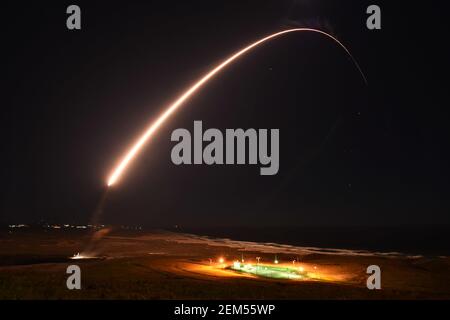 A night view of a Minuteman III missile launch. Base: Vandenberg Air
