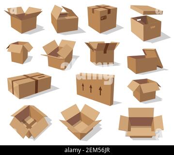 Cardboard boxes isolated mockups. Vector empty paper containers, open and closed packs with freight sign, arrows showing side to carry. Carton box in Stock Vector