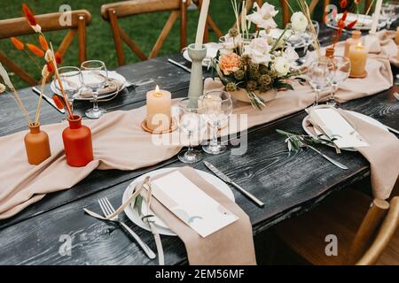 Rustic style wedding desk, decoration and setting Stock Photo
