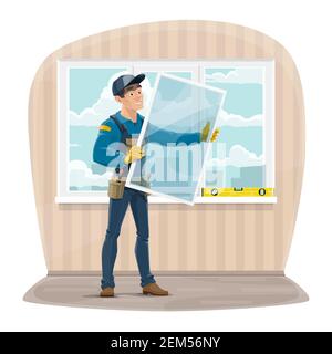 Plastic windows install and repair service. Installer worker in uniform with tools holding a new glass frame. Master installing and fixing windows in Stock Vector