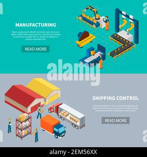 Industrial machines isometric banners set with read more button and images of fabrication facilities and buildings vector illustration Stock Vector