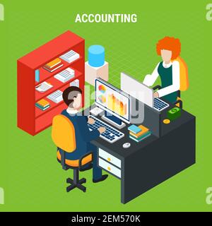 Banking accounting isometric composition on green background with staff at computer work in office vector illustration Stock Vector