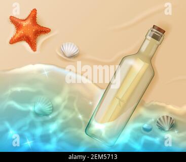 Message in bottle top view, paper scroll in glass flask covered with cork lying on sandy beach with blue sea water, starfish and shells. Pirate map, r Stock Vector
