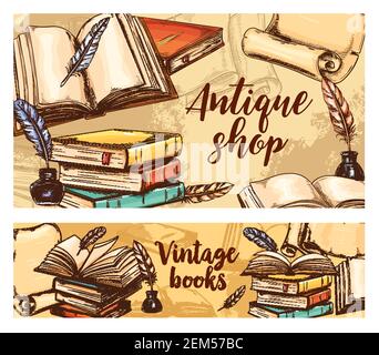 Antique books vector sketch banners. Vintage bookshop fair, literature festival, rare and old book store. Antiquarian poems and novels shop market, an