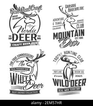 Deer animals silhouettes, hunting and adventure club, craft bar and beer pub isolated monochrome logos. Vector reindeer muzzle, hunter open season. Ga Stock Vector