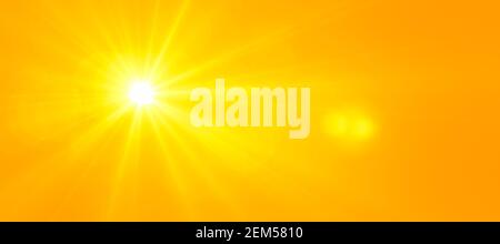 Sunny summer background, orange sun with lens flare. Heat wave 3D illustration Stock Photo