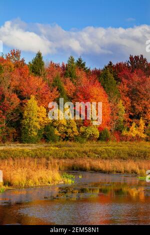 Upper Klondike Pond in Pennsylvania's Pocono Mountains was a former impoundment lake created for the use of commercial ice harvests. The dam has now b Stock Photo